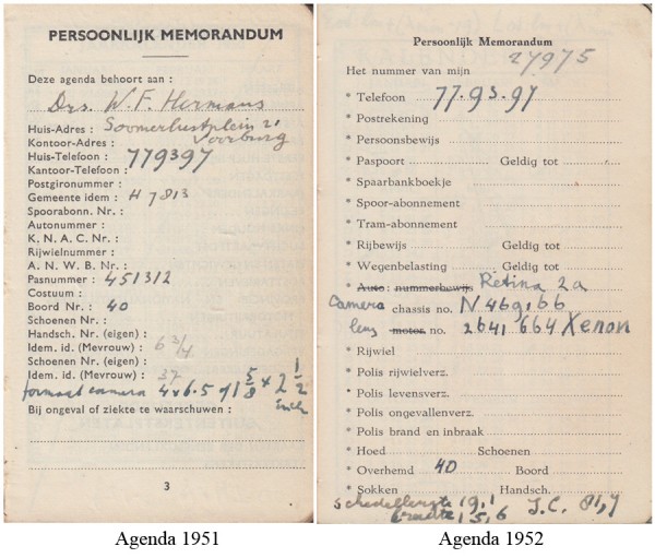 Agenda's van Willem Frederik Hermans uit 1951 en 1952 naast elkaar